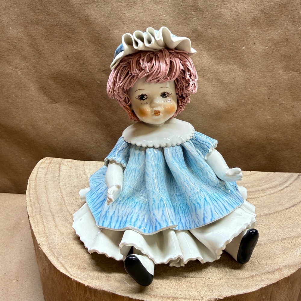Zampiva Italy Ceramic Figurine Girl in Blue Dress Pink Spaghetti Hair Vintage